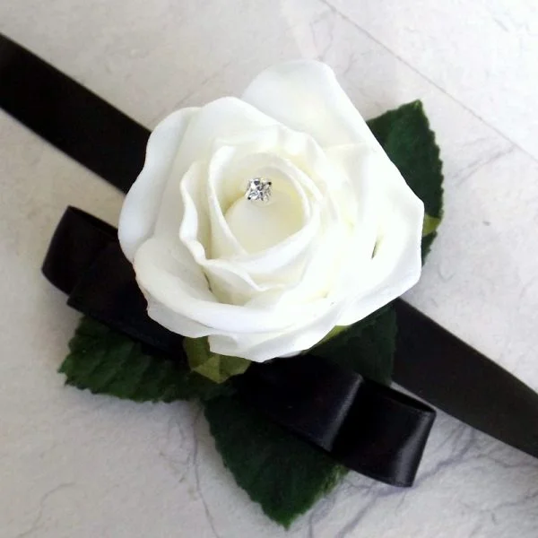 White & Black Diamante Artificial Rose Wrist Corsage