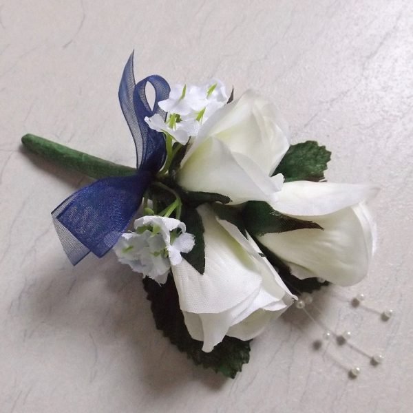 White Silk Rose & Navy Corsage