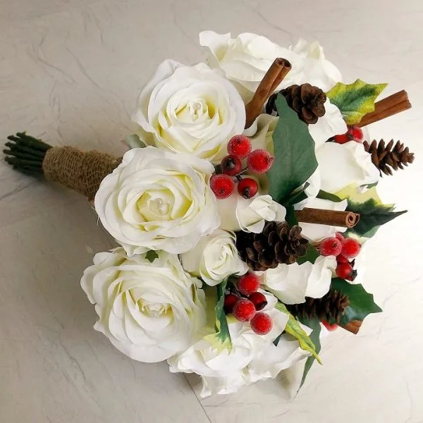 Christmas Berry and Pinecone Ivory Rose Brides Bouquet