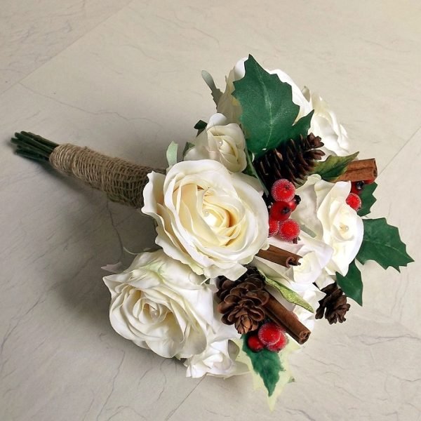 Christmas Berry and Pinecone Ivory Rose Bridesmaid Bouquet