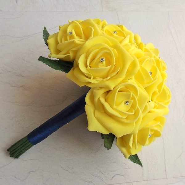 Yellow & Navy Handtied Artificial Brides Bouquet