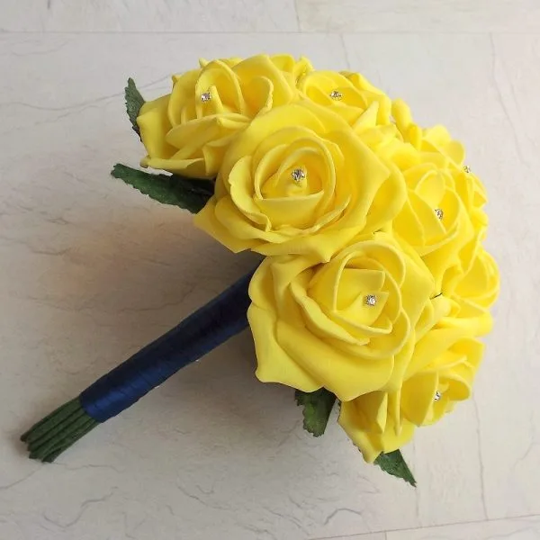 Yellow & Navy Handtied Artificial Brides Bouquet