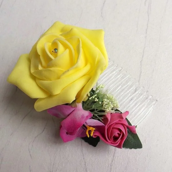 Yellow Rose & Bright Pink Hair Comb