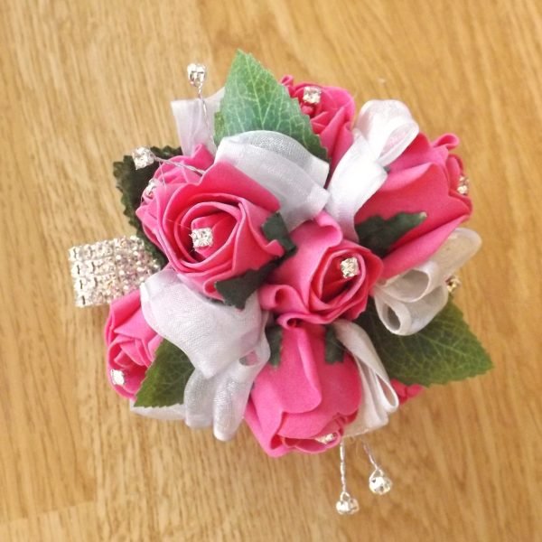 Bright Pink Dimante Rose Wrist Corsage