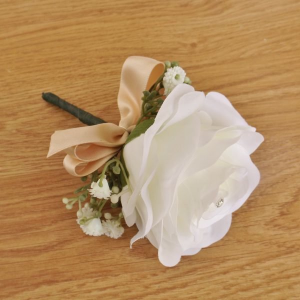 Ivory Silk Rose Buttonhole - Champagne Ribbon