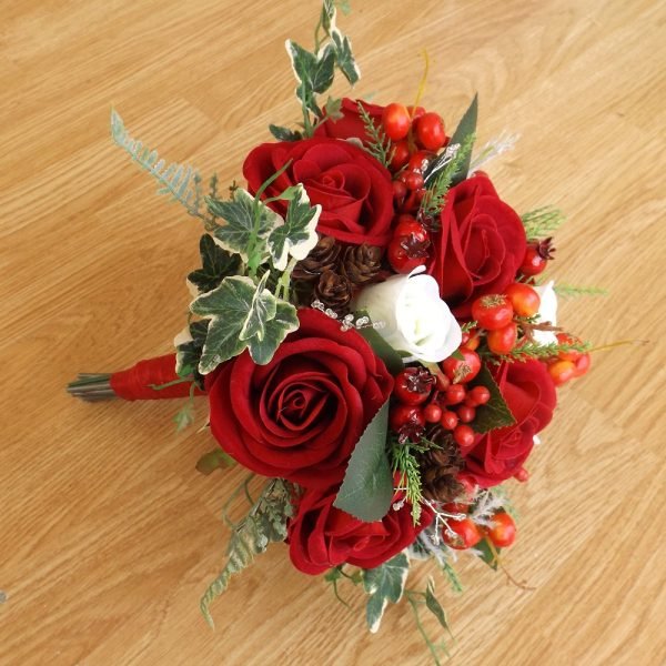 Red Rose Christmas Artificial Brides Bouquet