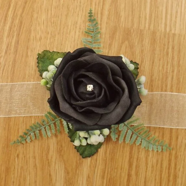 Artificial Black Rose & Fern Wrist Corsage