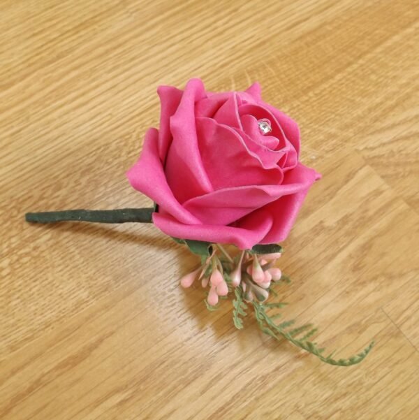 Artificial Bright Pink Rose & Fern Buttonhole