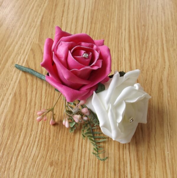 Artificial Bright Pink Rose & Fern Corsage