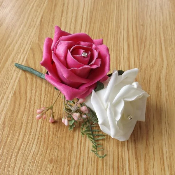 Artificial Bright Pink Rose & Fern Corsage