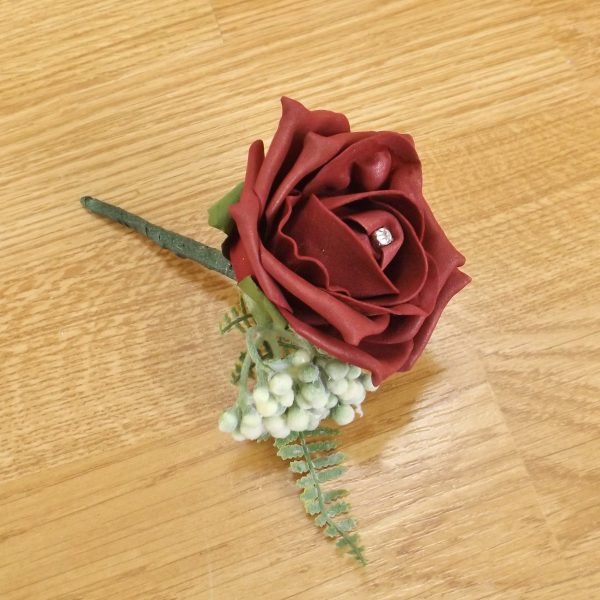 Artificial Burgundy Rose & Fern Buttonhole