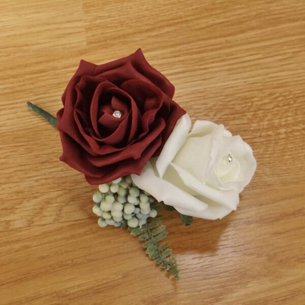 Artificial Burgundy Rose & Fern Corsage