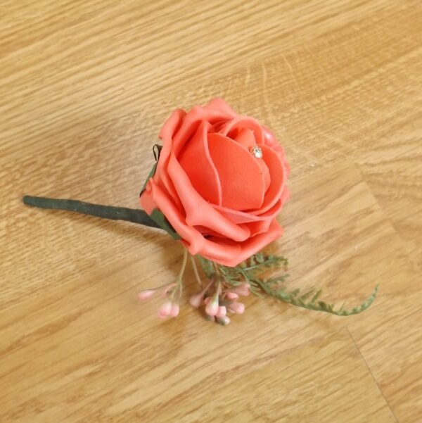 Artificial Coral Rose & Fern Buttonhole