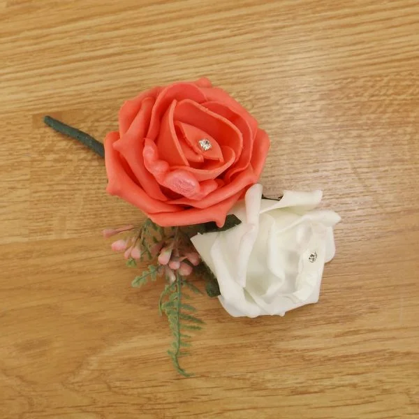 Artificial Coral Rose & Fern Corsage