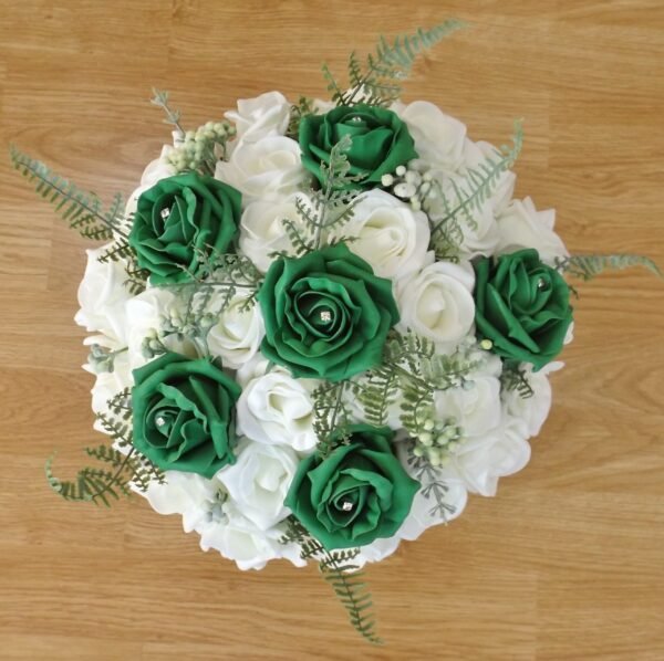 Emerald Green Rose & Fern Artificial Brides Bouquet