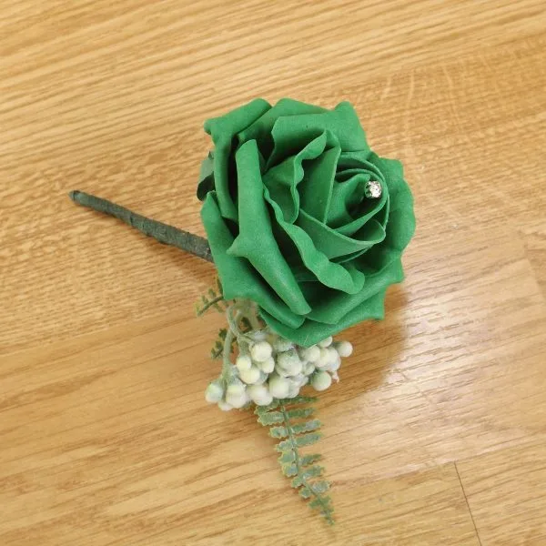 Artificial Emerald Green Rose & Fern Buttonhole