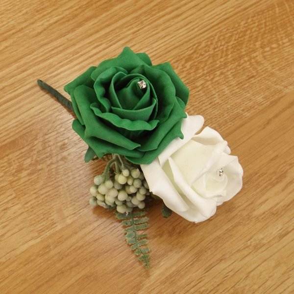 Artificial Emerald Green Rose & Fern Corsage