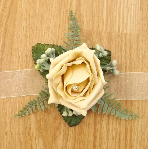 Artificial Gold Rose & Fern Wrist Corsage