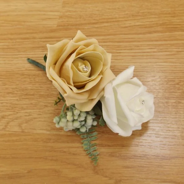 Artificial Gold Rose & Fern Corsage