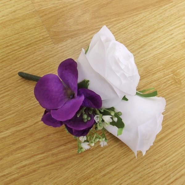 White Silk Rose & Purple Hydrangea Corsage