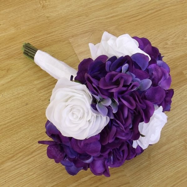 Purple Hydrangea & White Rose Brides Bouquet