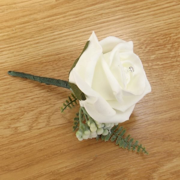 Artificial Ivory Rose & Fern Buttonhole