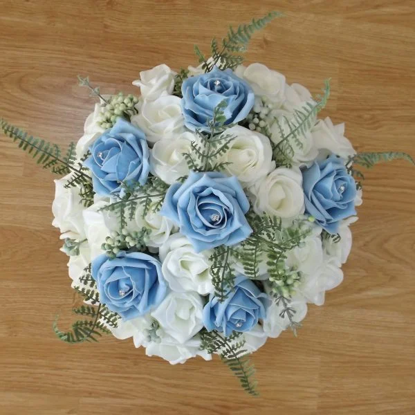 Light Blue Rose & Fern Artificial Brides Bouquet