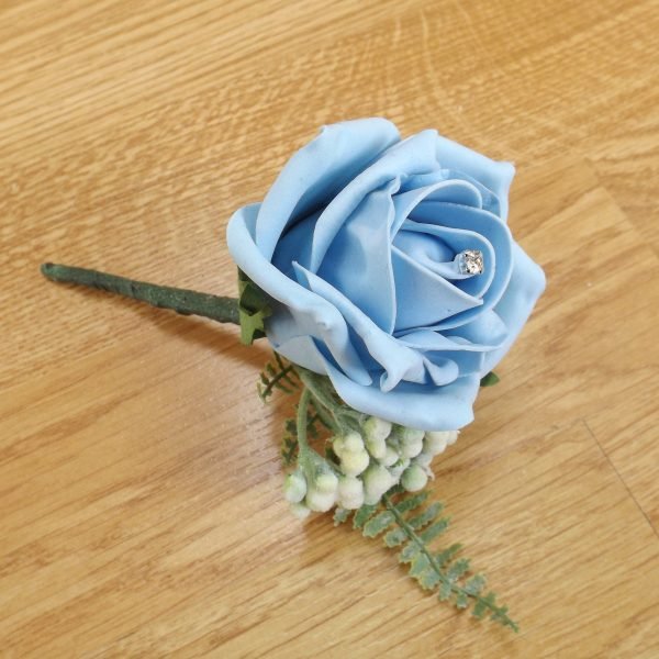 Artificial Light Blue Rose & Fern Buttonhole