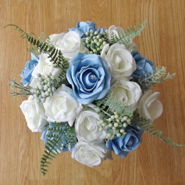 Light Blue Rose & Fern Artificial Bridesmaid Bouquet