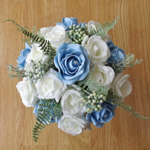 Light Blue Rose & Fern Artificial Bridesmaid Bouquet