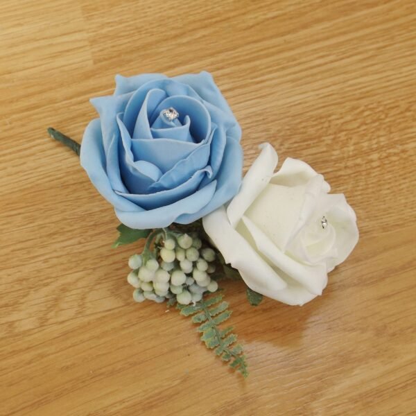 Artificial Light Blue Rose & Fern Corsage