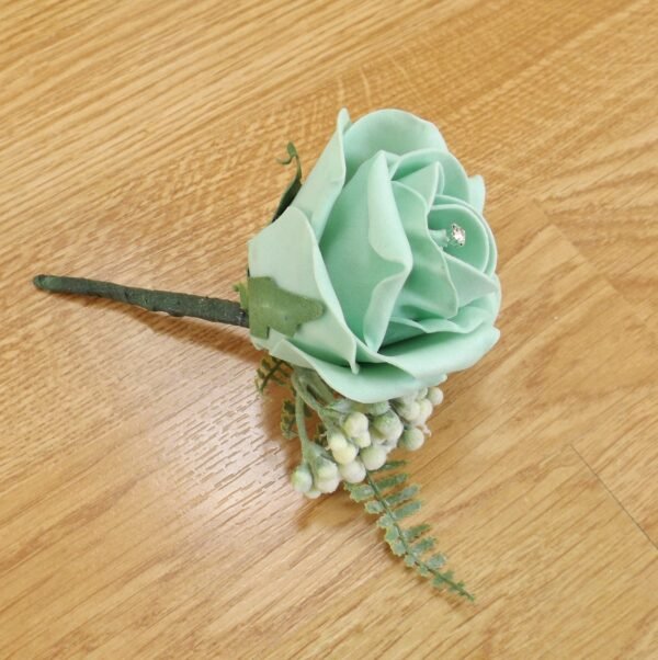 Artificial Mint Green Rose & Fern Buttonhole