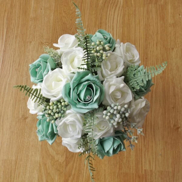 Mint Green Rose & Fern Artificial Bridesmaid Bouquet