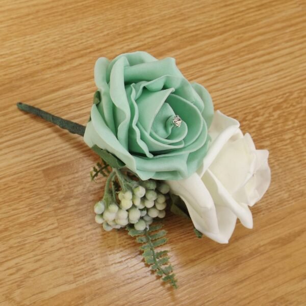 Artificial Mint Green Rose & Fern Corsage