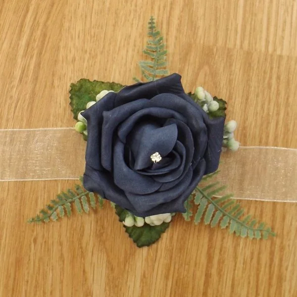 Artificial Navy Rose & Fern Wrist Corsage