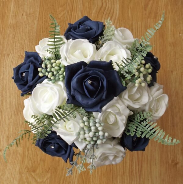 Navy Rose & Fern Artificial Bridesmaid Bouquet