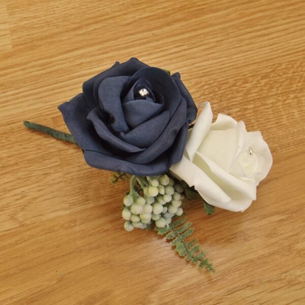 Artificial Navy Rose & Fern Corsage