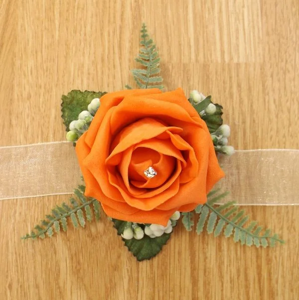 Orange Rose & Fern Wrist Corsage