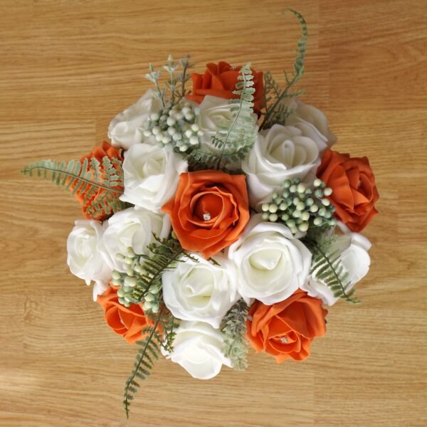 Orange Rose & Fern Artificial Bridesmaid Bouquet