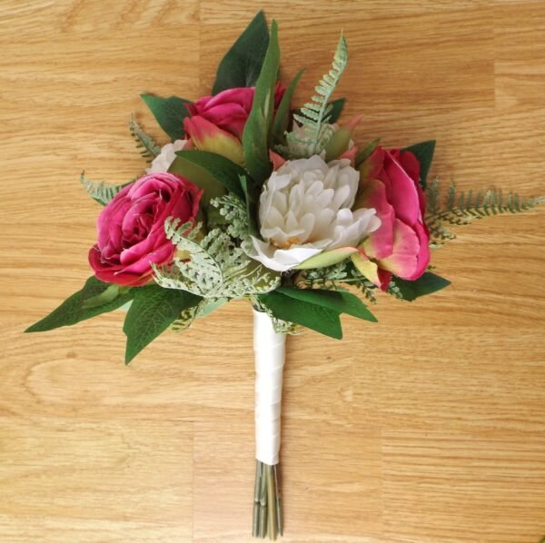 Bright Pink Silk Rose & Peony Artificial Bridesmaid Bouquet