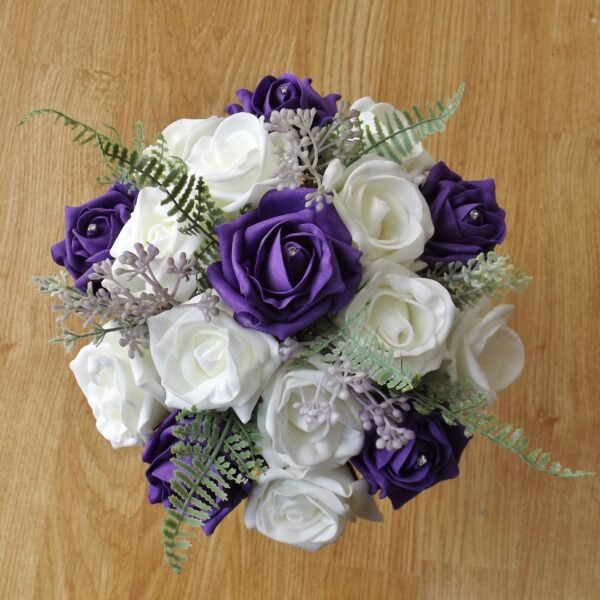 Purple Rose & Fern Artificial Bridesmaid Bouquet