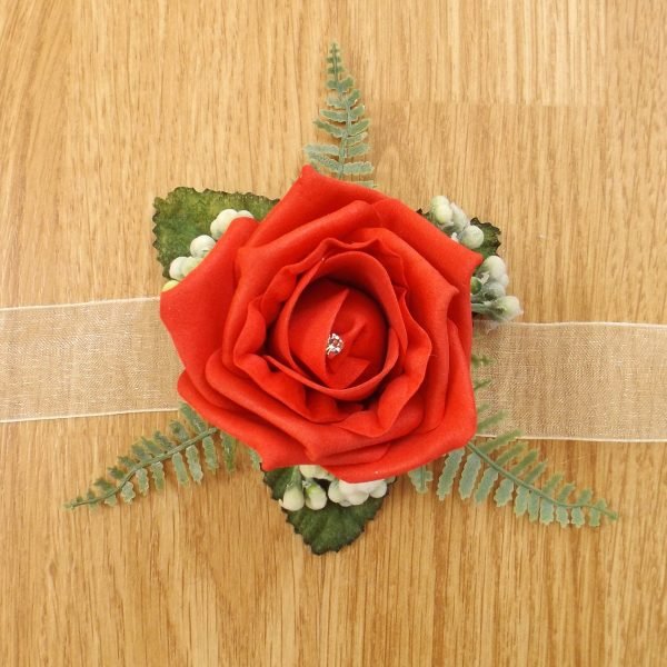 Red Rose & Fern Wrist Corsage