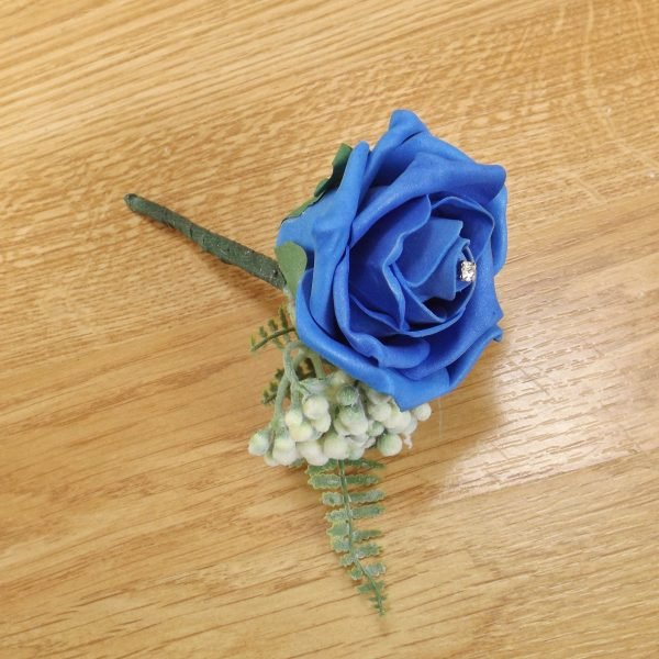 Artificial Royal Blue Rose & Fern Buttonhole