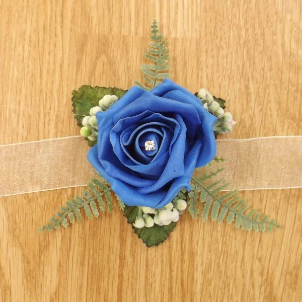 Royal Blue Rose & Fern Wrist Corsage