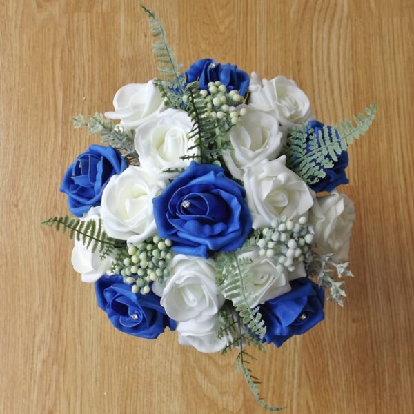 Royal Blue Rose & Fern Artificial Bridesmaid Bouquet