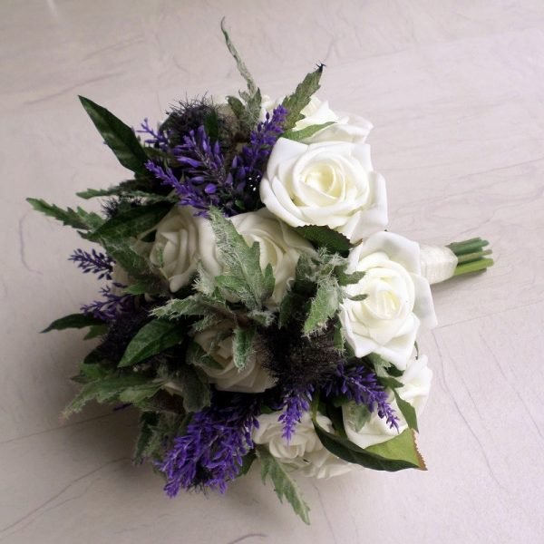 Heather, Thistle & Ivory Rose Brides Bouquet