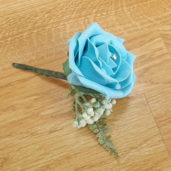 Artificial Turquoise Rose & Fern Buttonhole