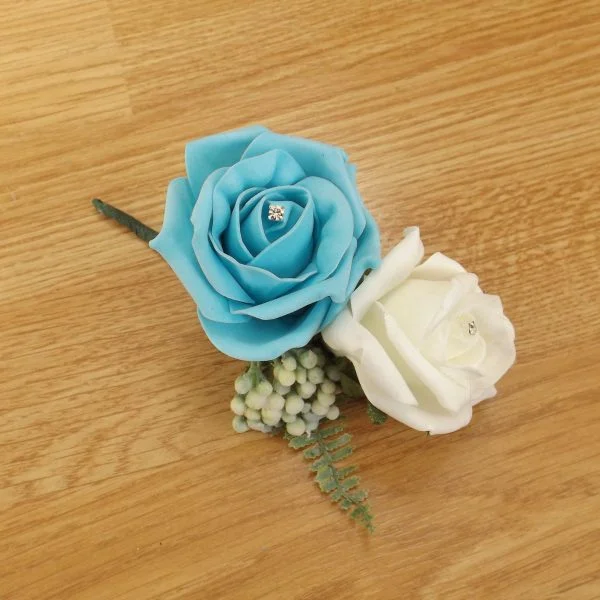 Artificial Turquoise Rose & Fern Buttonhole