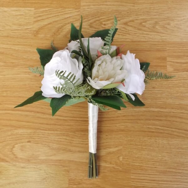 White Silk Rose & Peony Artificial Bridesmaid Bouquet