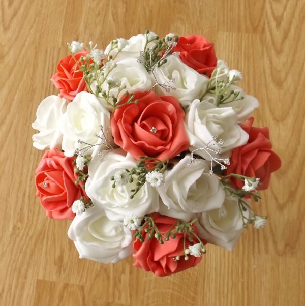 Coral Rose & Gypsophila Artificial Bridesmaid Bouquet